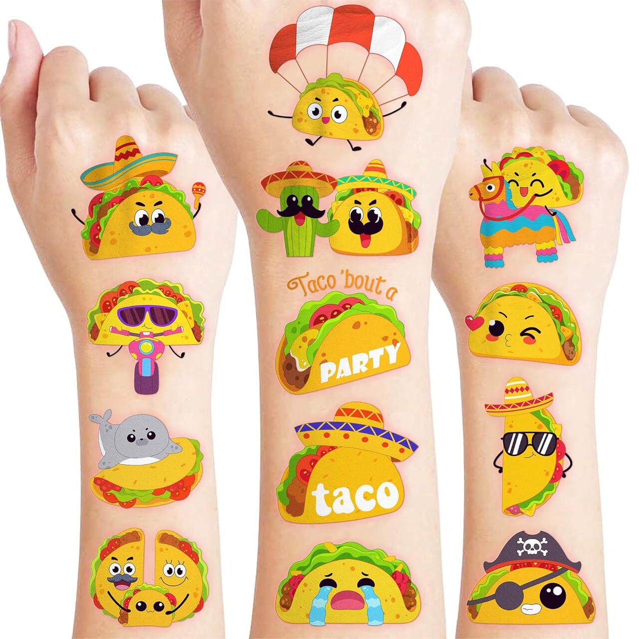 96 PCS Taco Mexican Fiesta Temporary Tattoos for Kids – Pre-Cut Cinco de Mayo Party Favors & Stickers – Cute Taco, Fiesta & Mexican Theme Body Art for Birthday, School Rewards & Celebration Gifts – Perfect for Mother's Day Card Making Displays